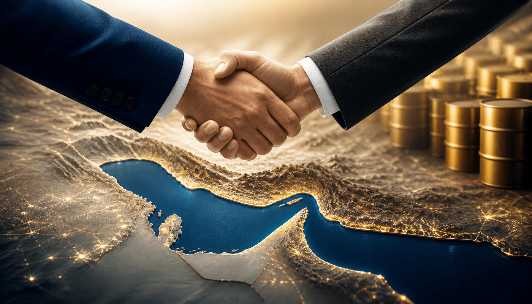 An abstract depiction of a diplomatic handshake over a stylized map of the Strait of Hormuz, golden