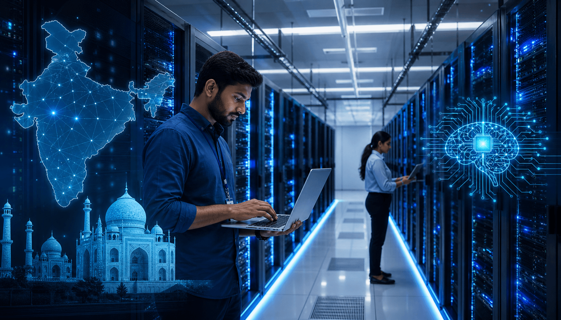 A modern, high-tech server room in India with glowing blue lights, symbolizing the fusion of traditi