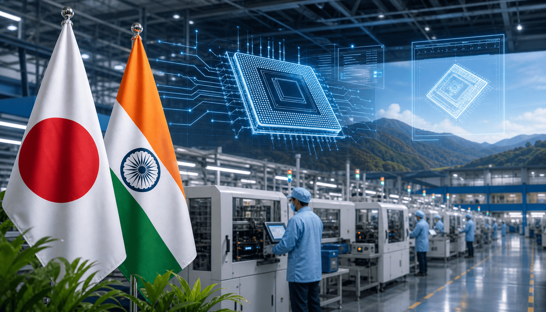 A modern manufacturing facility in Northeast India with Japanese and Indian flags, digital holograph