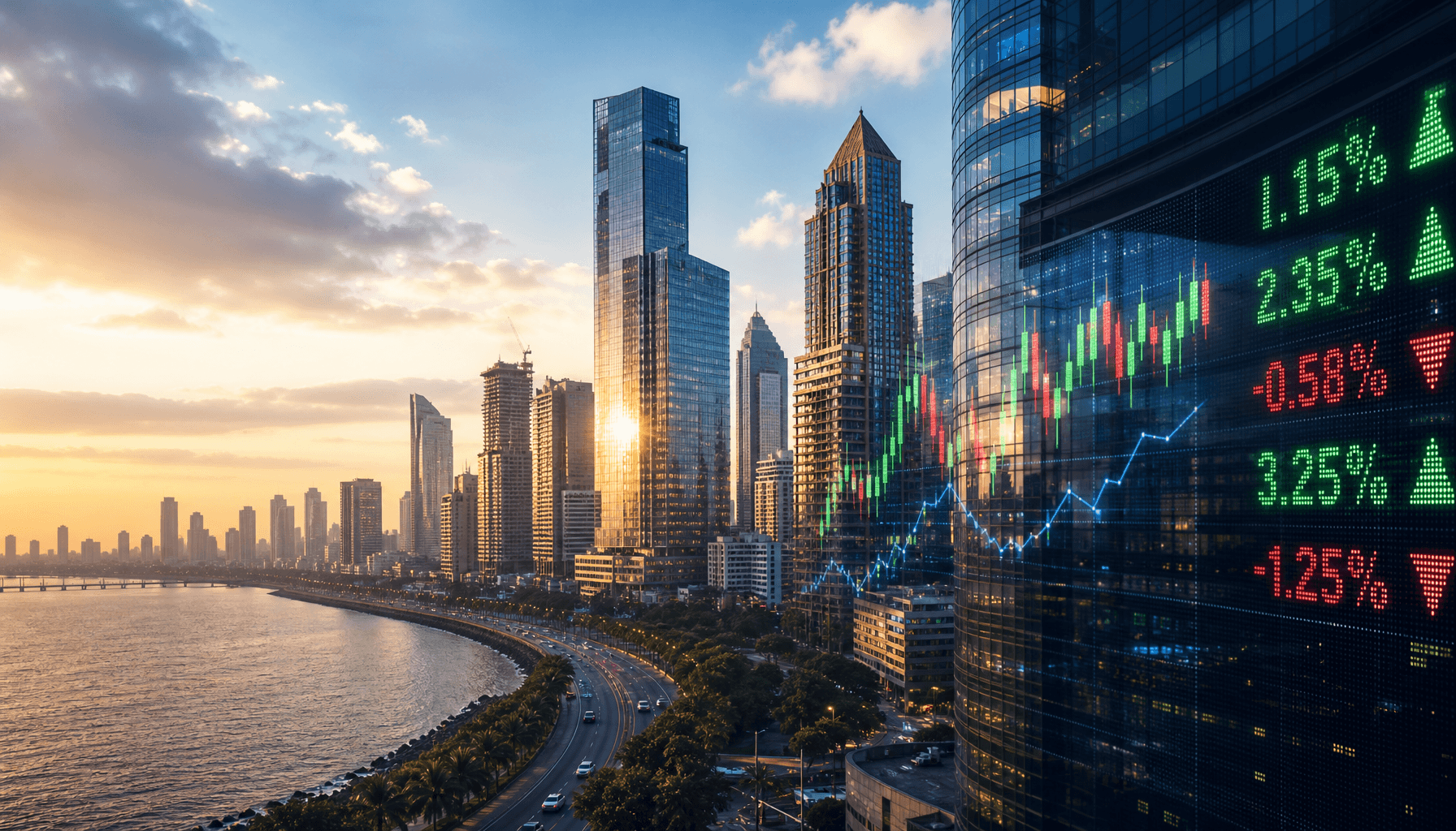 A modern financial district in Mumbai with skyscrapers reflecting sunlight, digital stock tickers ov