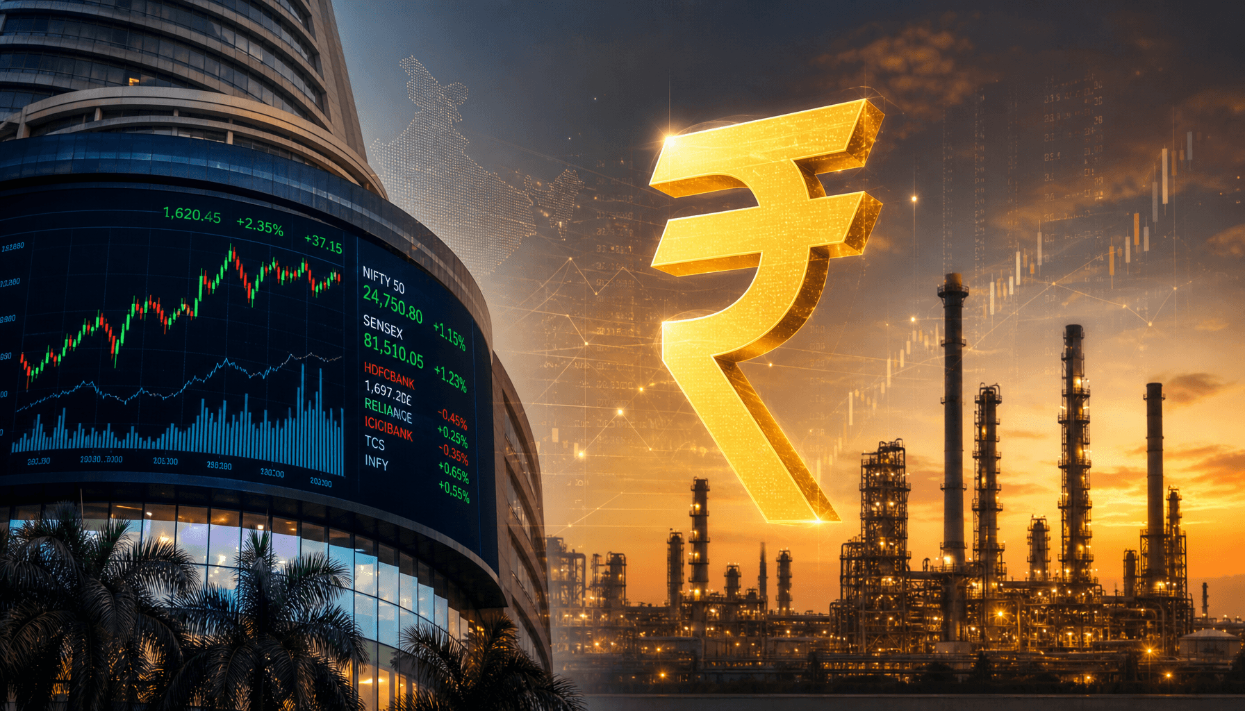 A modern stock market digital display in Mumbai with an overlay of a glowing gold rupee symbol and o
