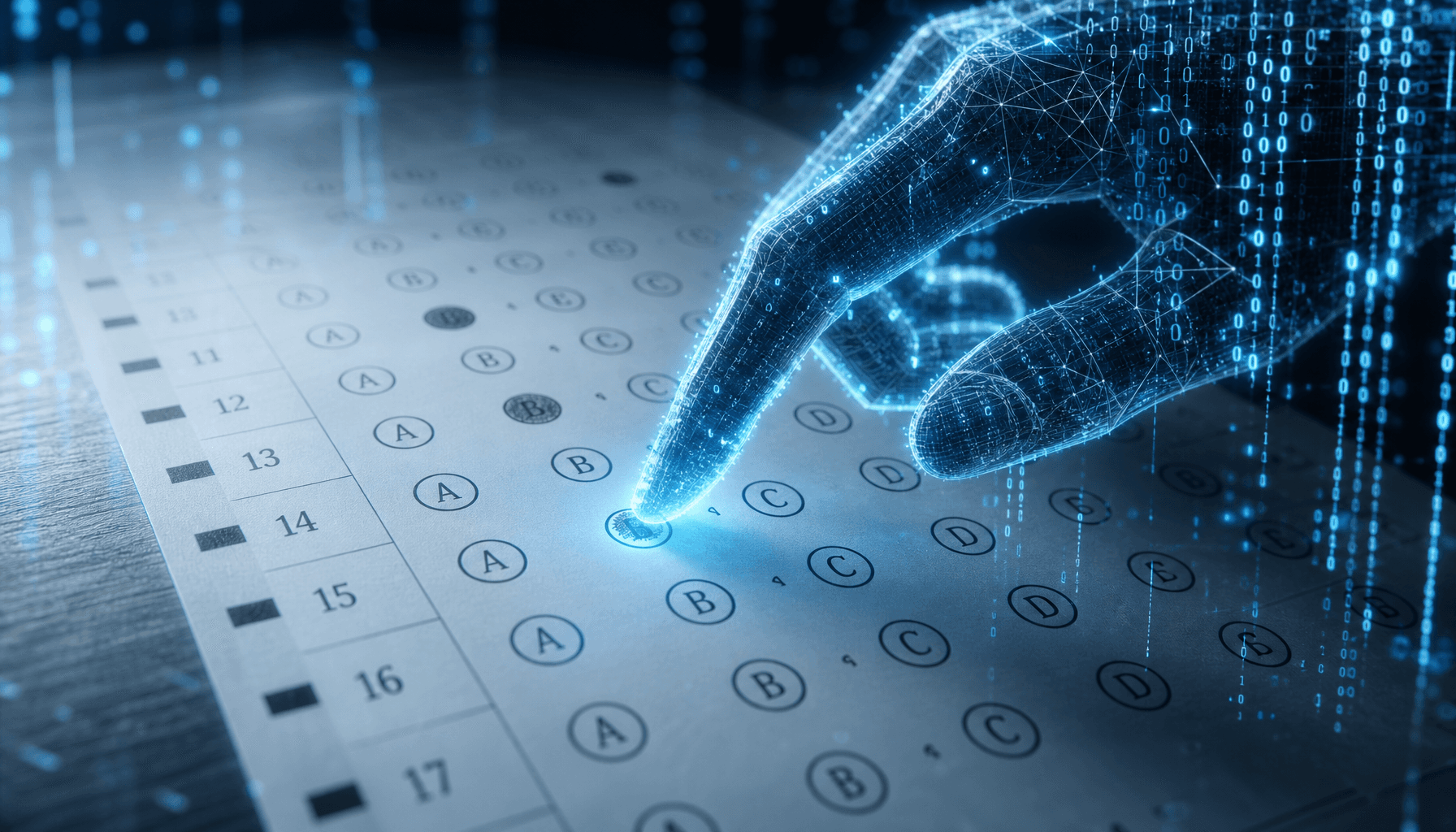 A close-up of a digital OMR sheet being manipulated by a futuristic AI code overlay, high-stakes aca