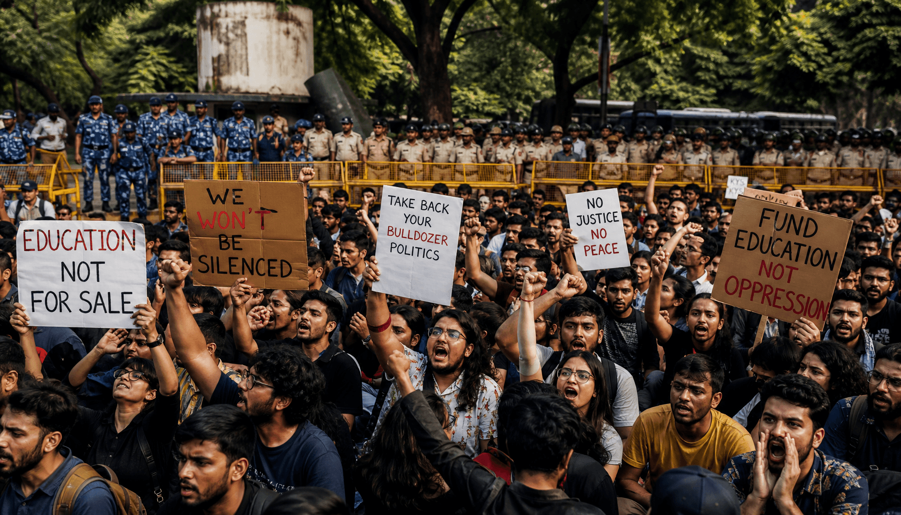 A sea of students protesting in Jantar Mantar, Delhi, holding signs with slogans, security forces in