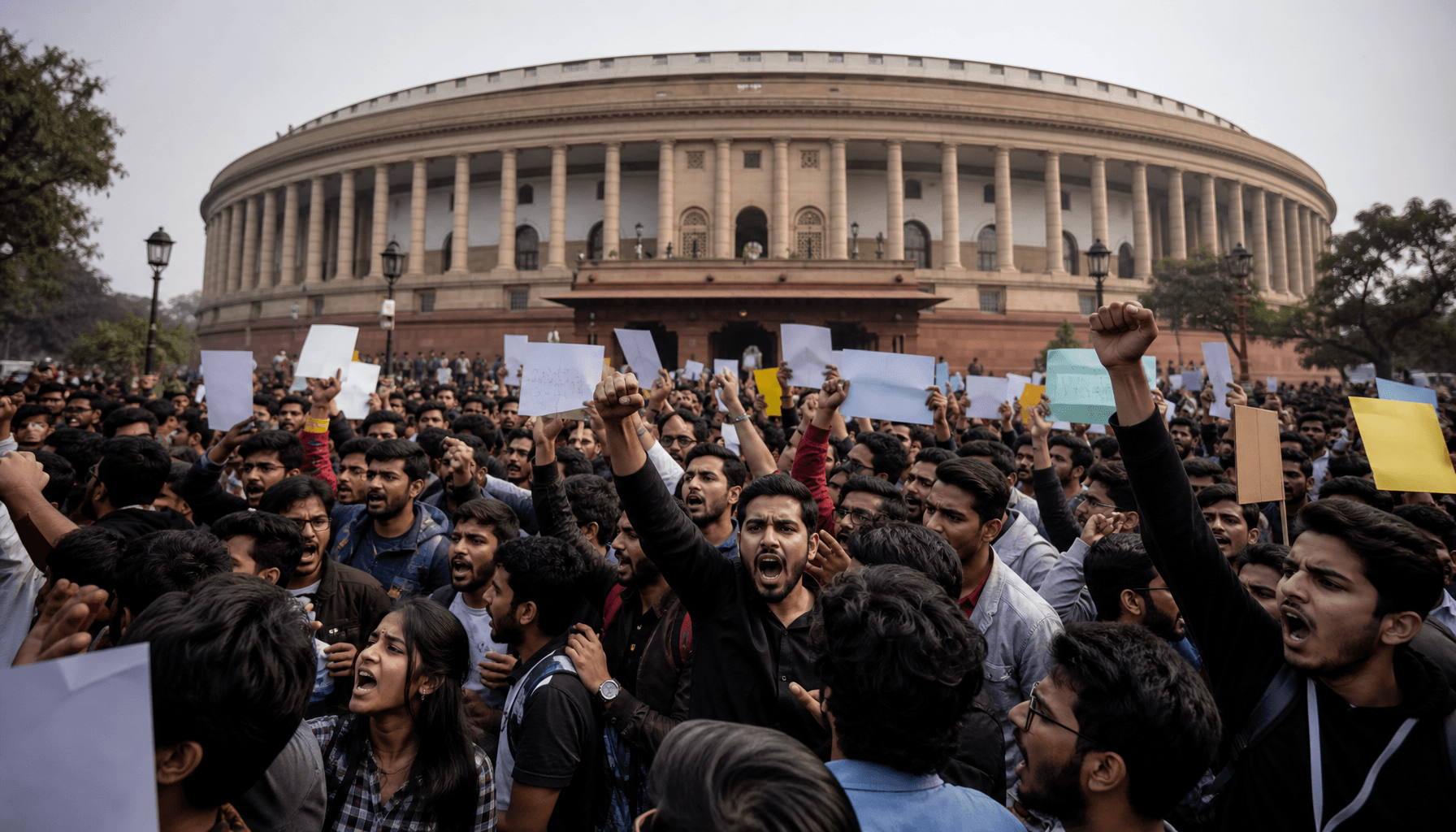 A large crowd of Indian students protesting in front of the Parliament building in New Delhi, holdin