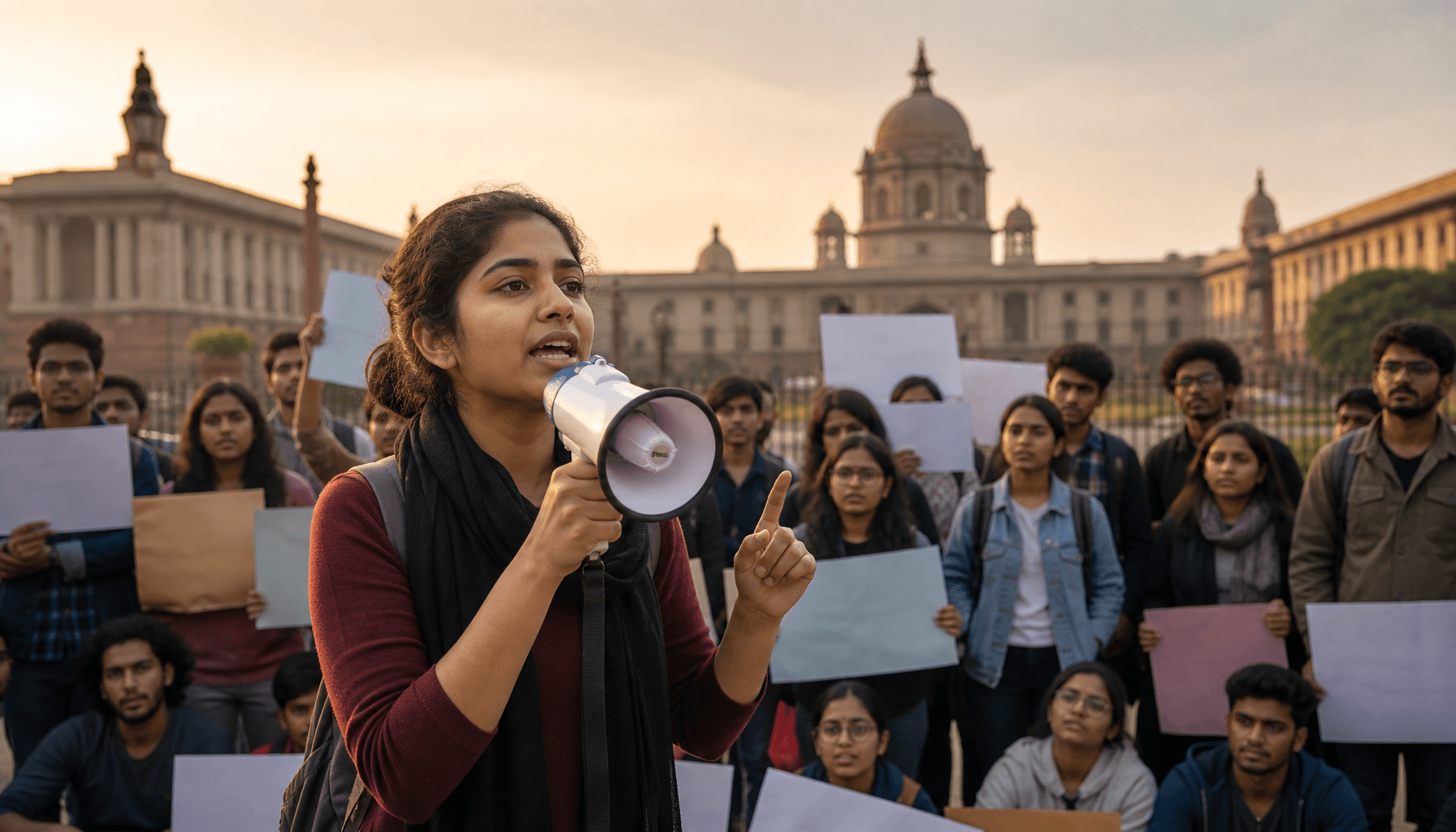 A peaceful protest scene in India with students holding signs, in front of government buildings, sof