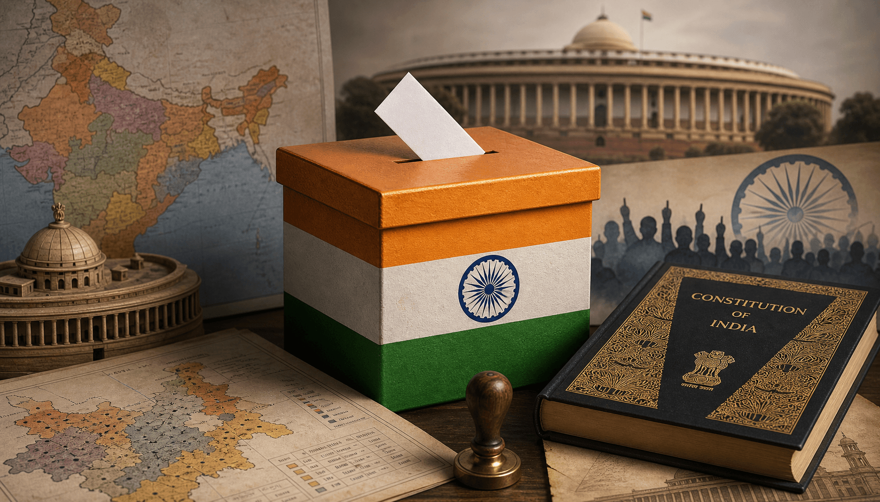 An artistic representation of a ballot box with the Indian flag, surrounded by electoral maps and co