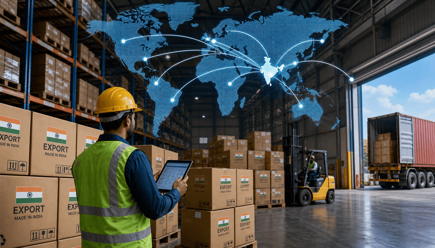 A logistics warehouse in India filled with export-labeled cargo boxes, with digital global map overl