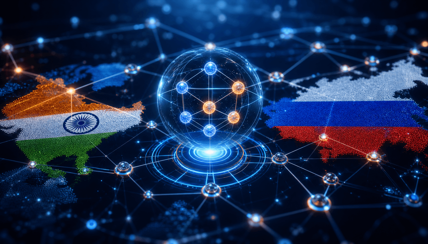 Abstract digital representation of quantum qubits and interconnected nodes, with the flags of India
