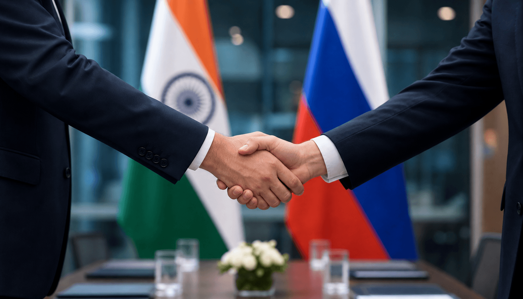 A handshake between two business executives with blurred flags of India and Russia in the background