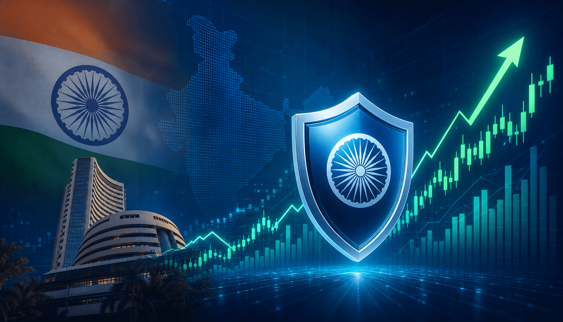 An abstract representation of the Indian stock market, showing a rising digital chart overlaid with