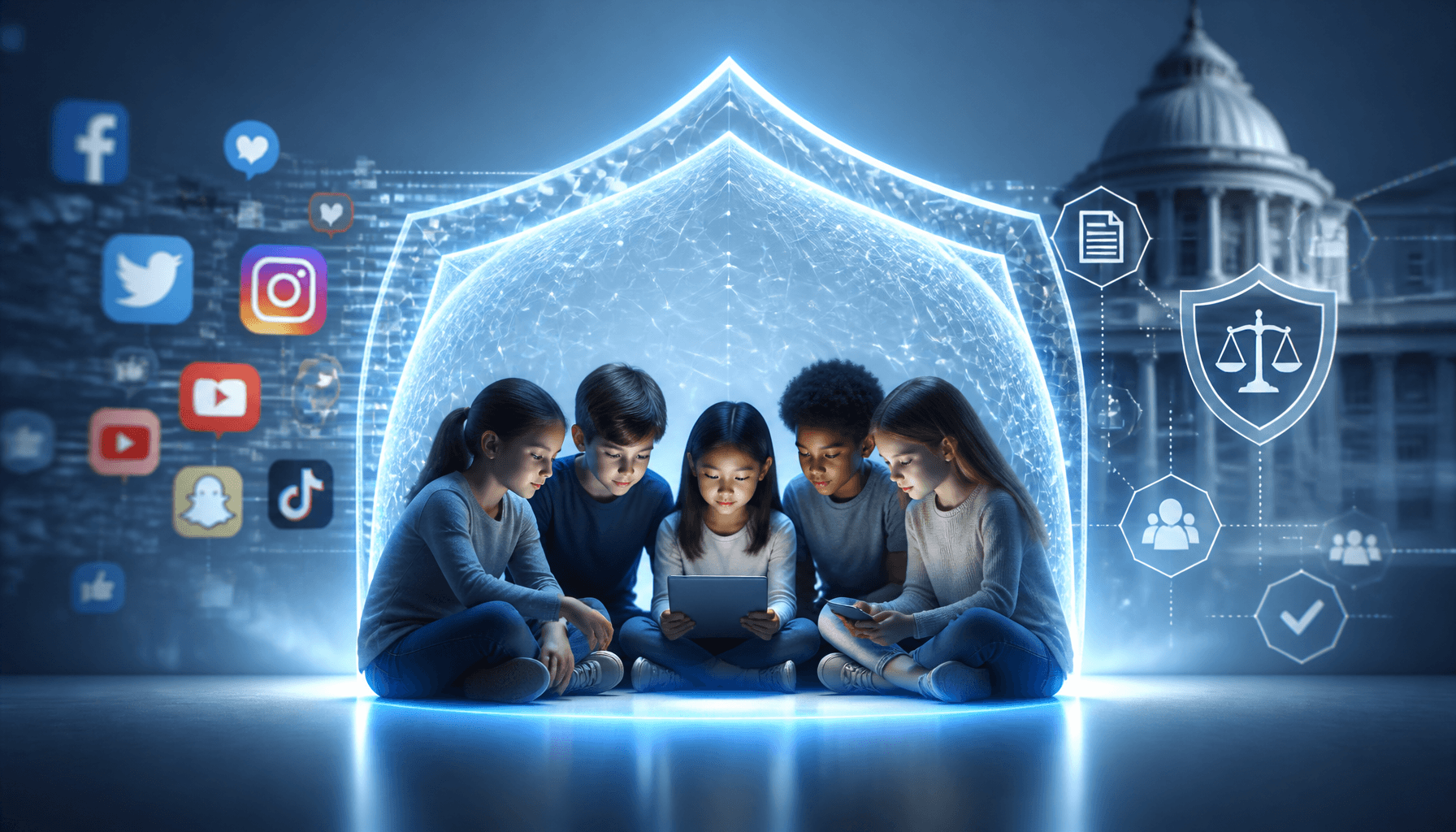 A conceptual image of a digital shield protecting a group of children, with abstract icons represent