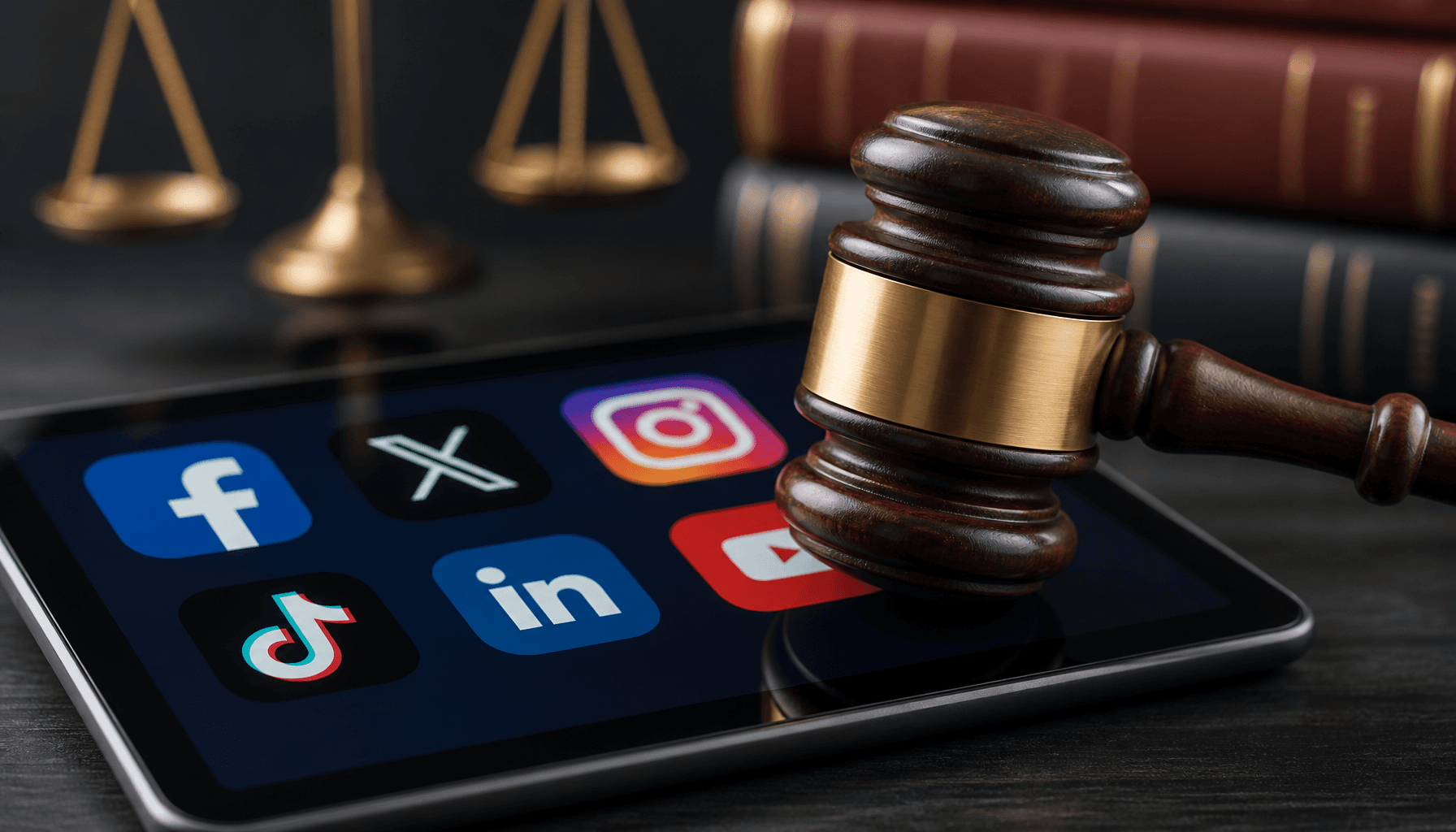 A conceptual image of a wooden judge's gavel resting on a digital screen displaying various social m