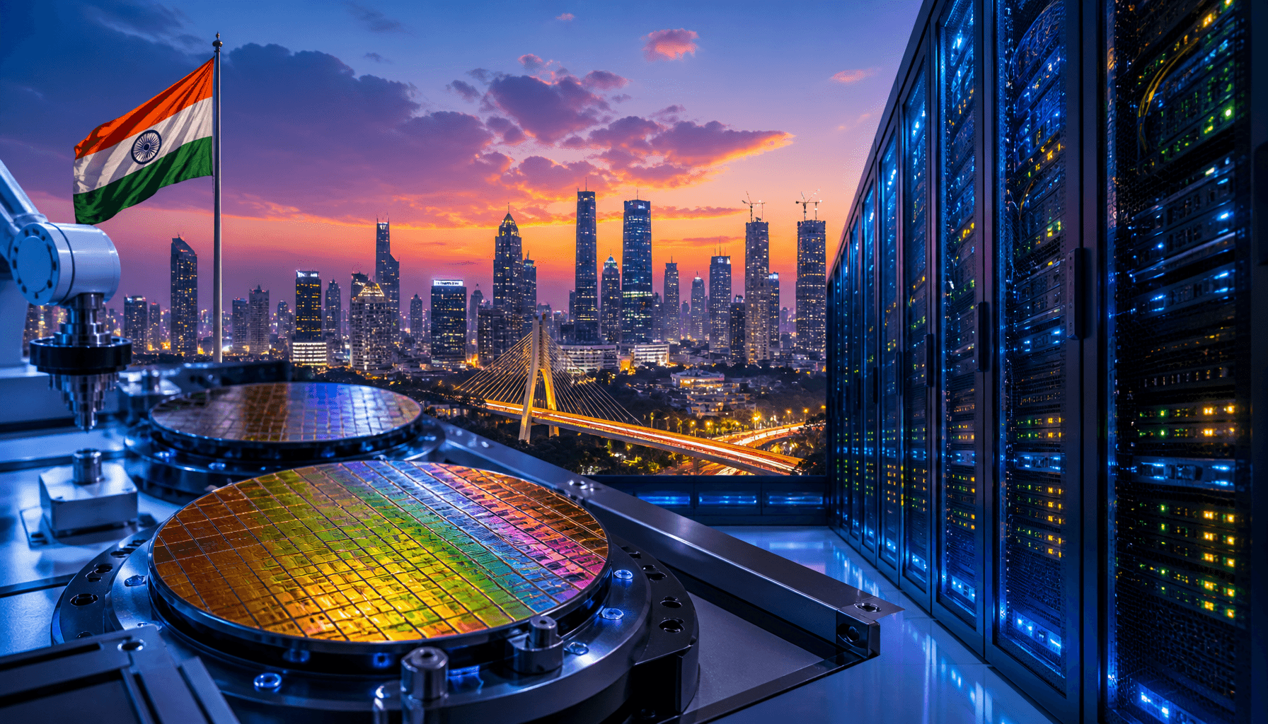 A modern technological city landscape in India with glowing semiconductor wafers and data center ser