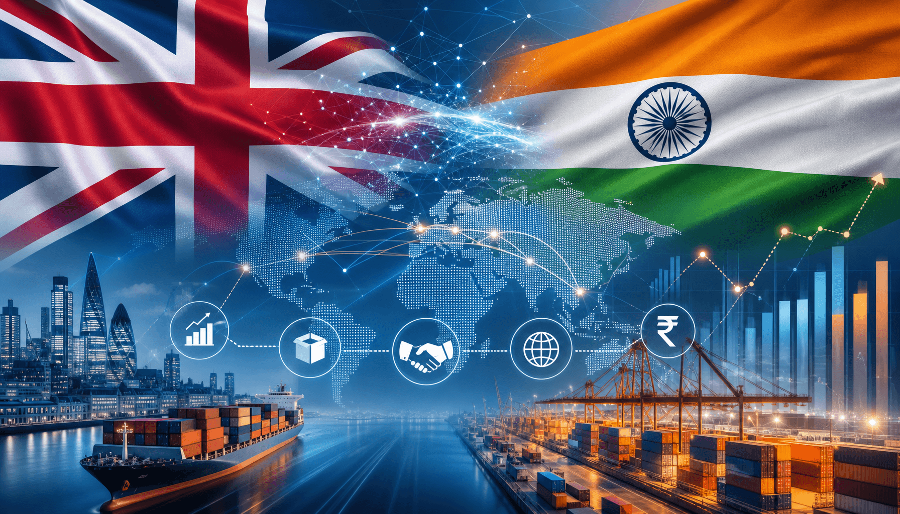 A modern graphic representing the UK and Indian flags merging with trade icons, digital trade routes