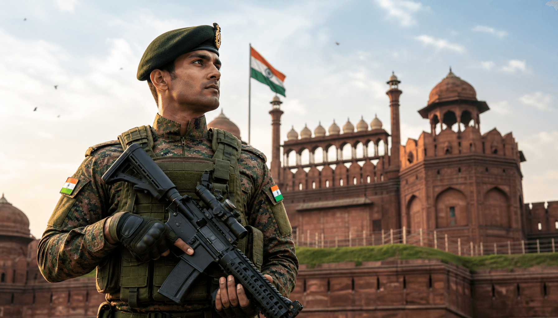 A soldier in the new Indian Army uniform standing in front of a historic Indian landmark, merging he