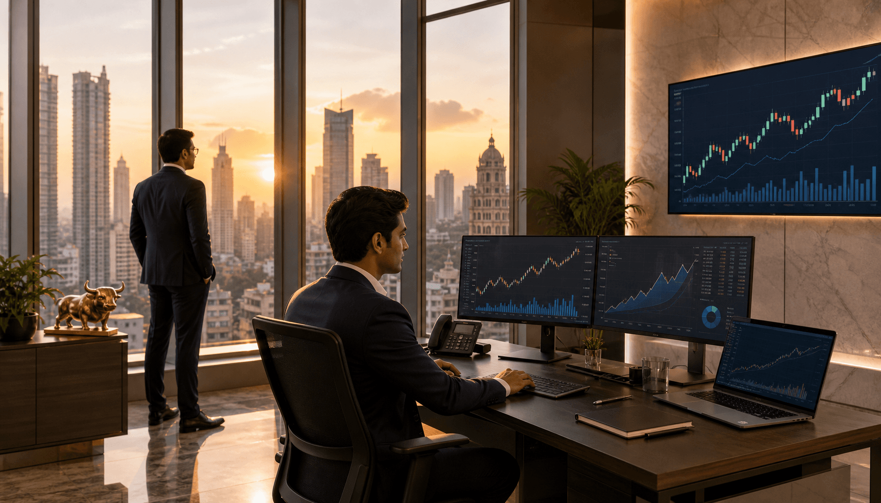 A modern, sleek financial office in Mumbai with digital charts showing upward growth trends on scree