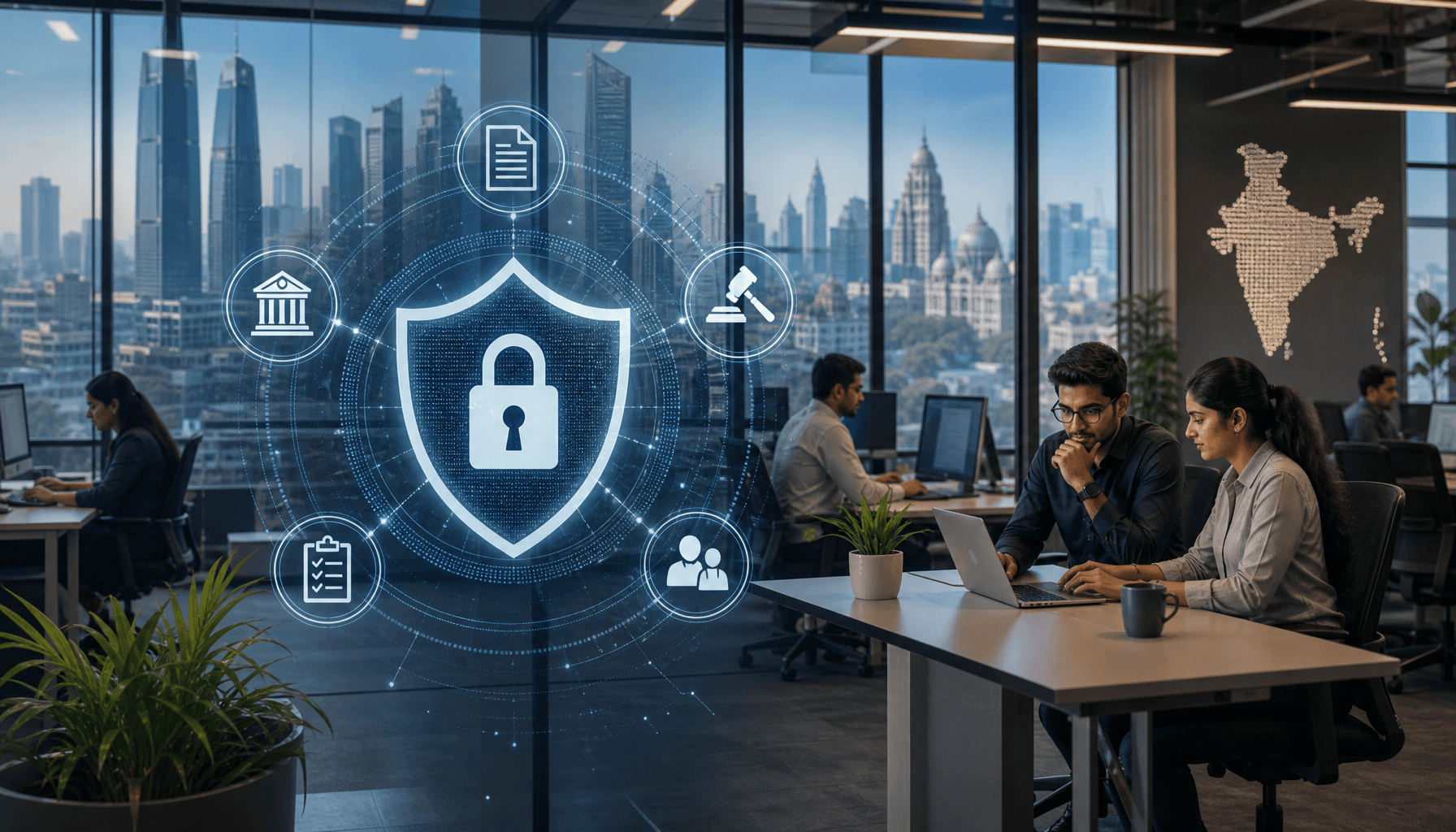 A modern, professional office setting in an Indian tech hub, with digital security shield iconograph