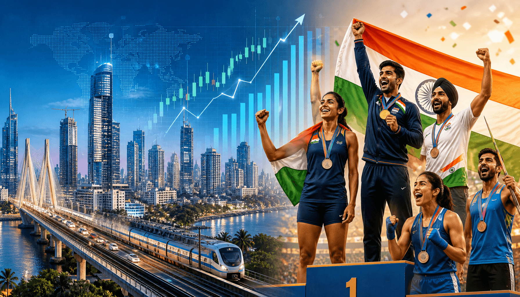 A vibrant collage featuring a bustling Indian modern city skyline with digital financial charts in t