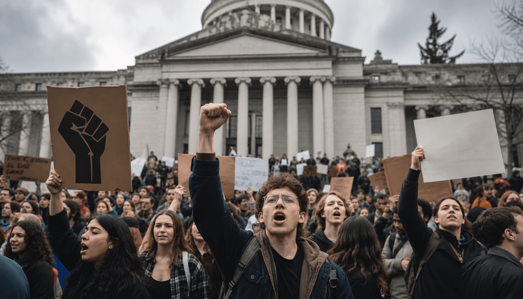 A crowd of students protesting in front of a government building, banners held high, dramatic atmosp