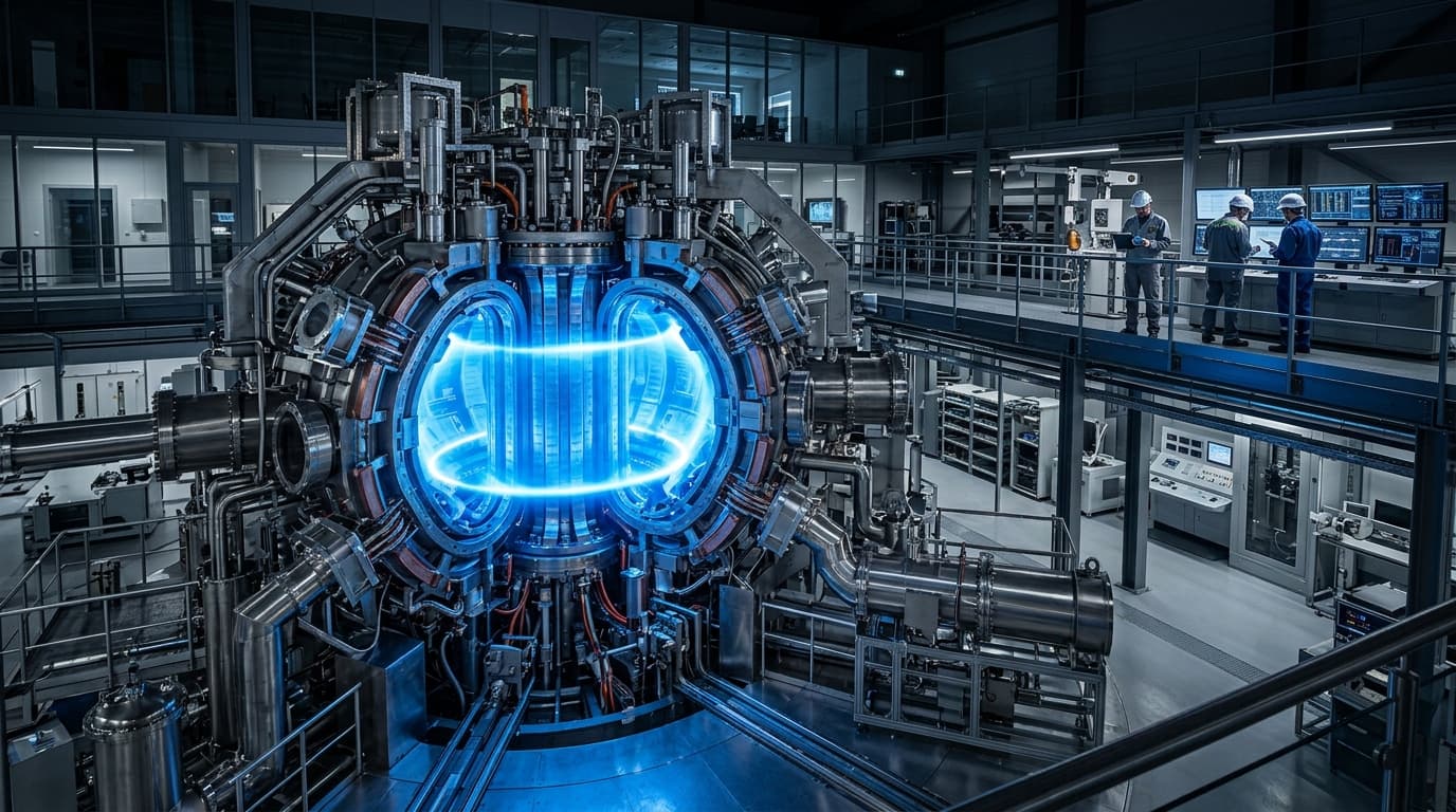 A futuristic fusion reactor core, glowing blue plasma, scientific facility laboratory setting, high-