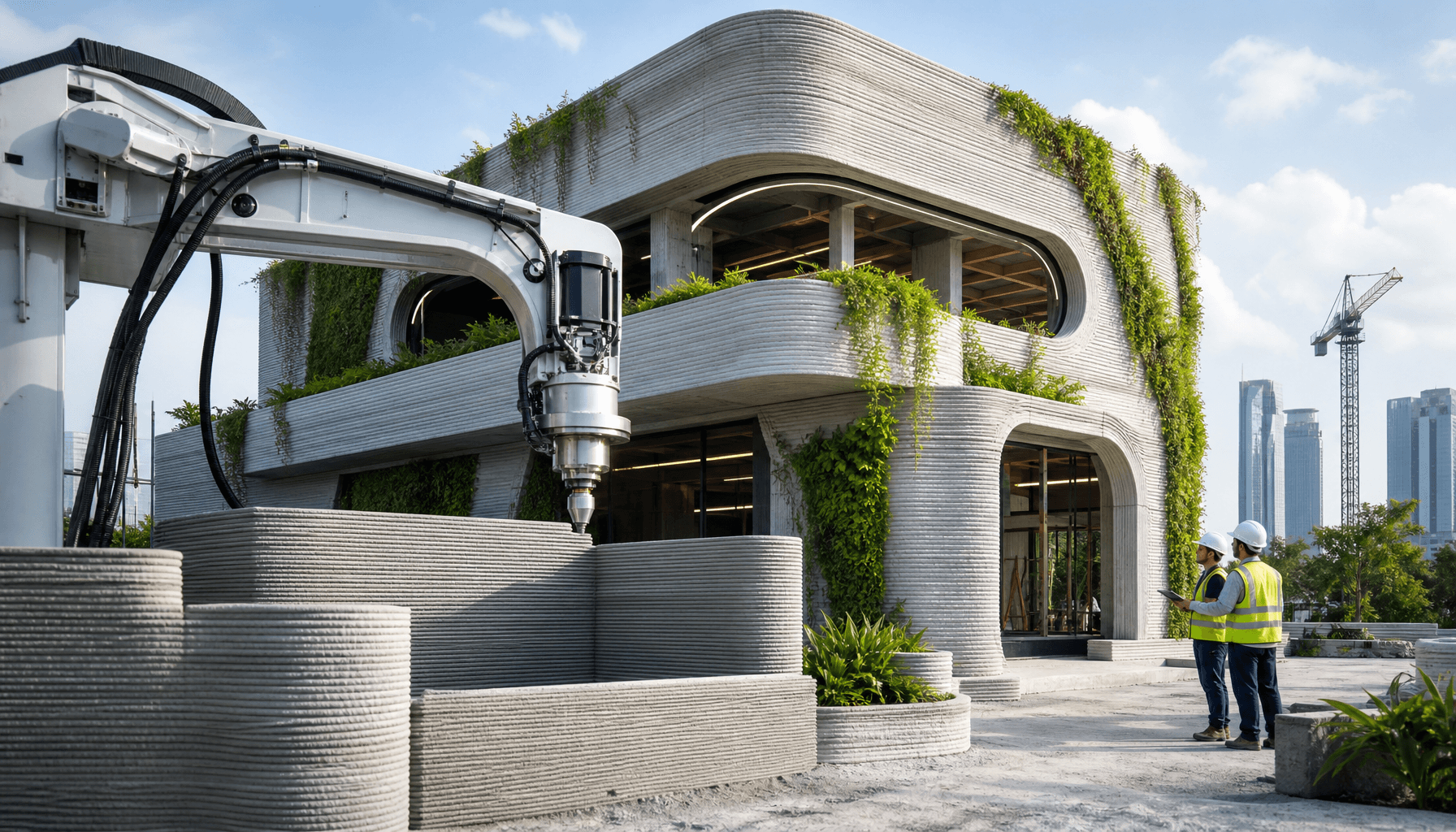 A modern, sustainable building under construction using 3D printing technology, green plants integra