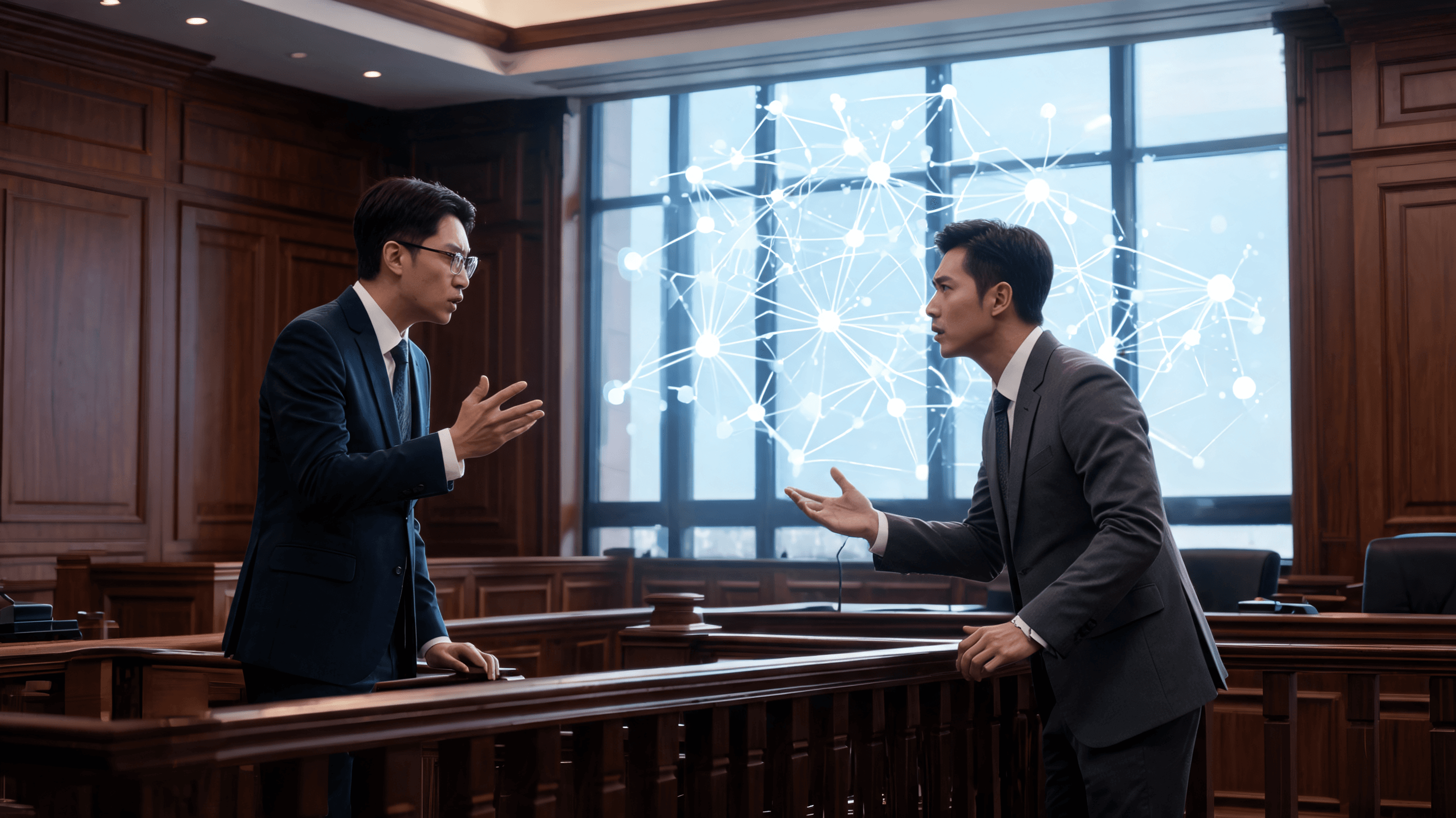 A serious, high-stakes courtroom scene, dark wood panelling, two lawyers in suits arguing, with abst