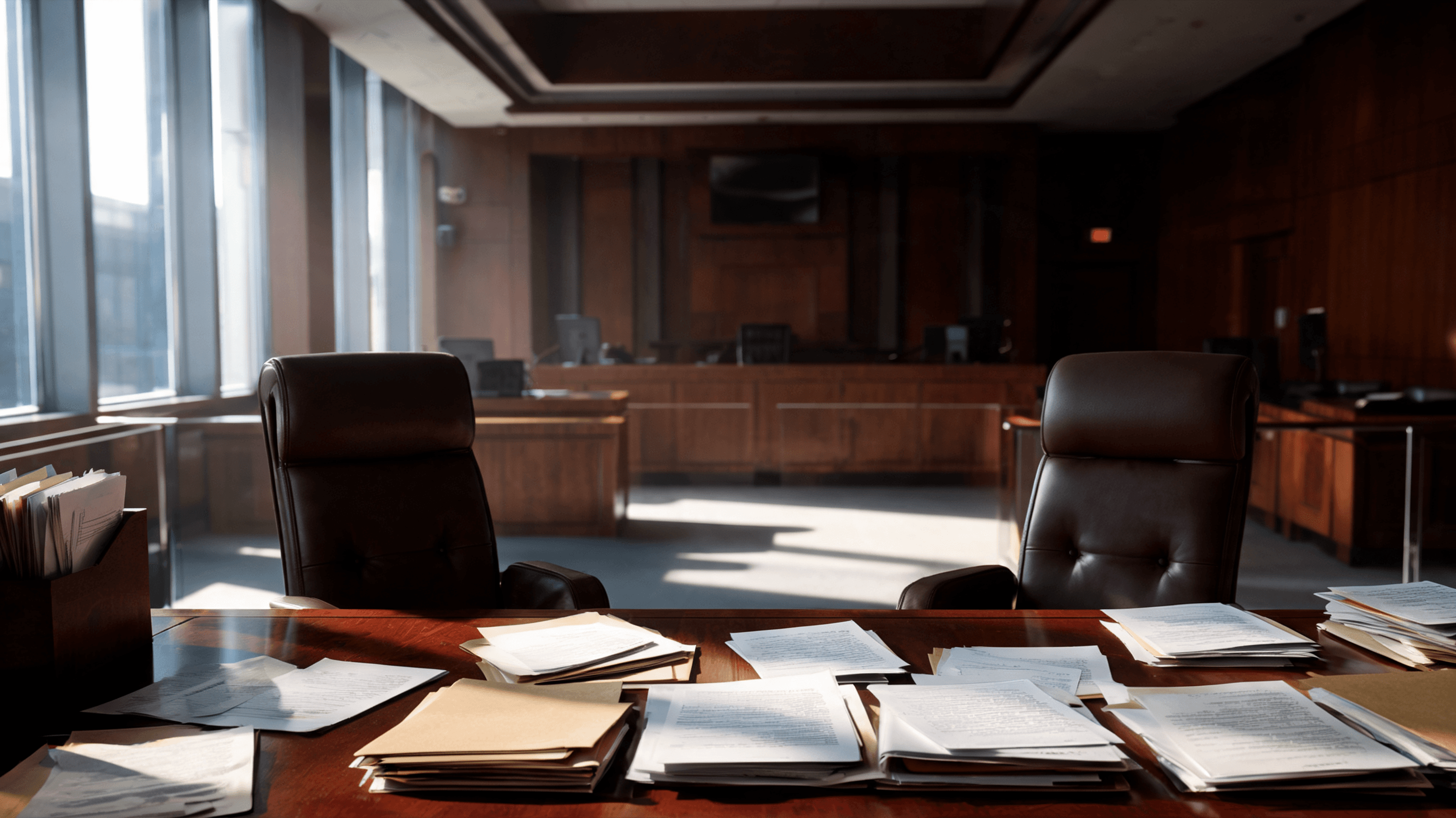 A courtroom scene in Silicon Valley, with intense lighting, two empty high-backed leather chairs rep