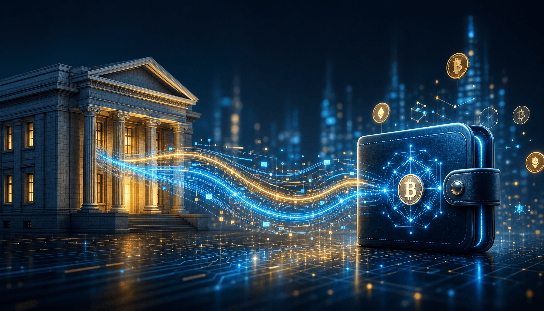 Digital finance concept, glowing blue and gold data streams connecting a traditional bank building t