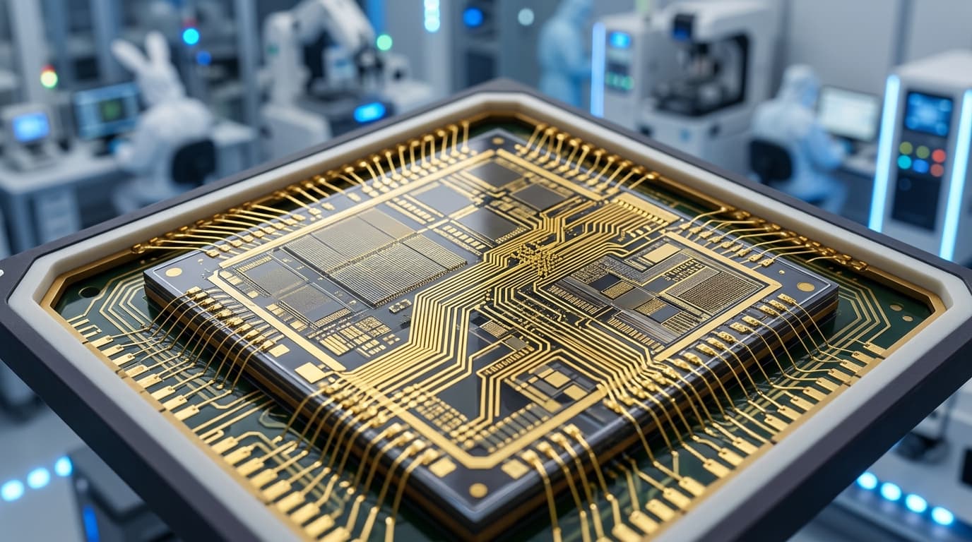 A close-up, high-tech microscopic shot of an advanced integrated circuit chip package, showing detai