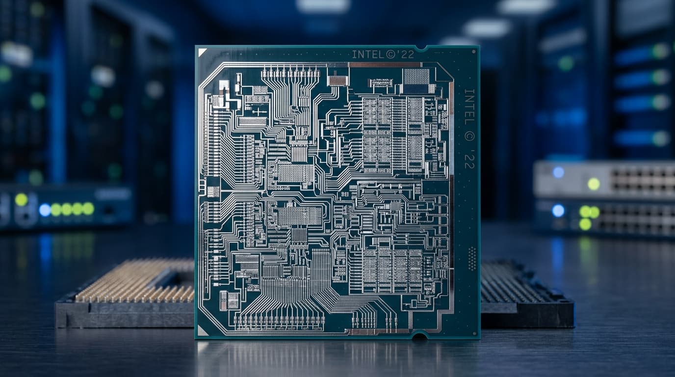 Close-up macro photography of an Intel CPU chip, intricate silver circuitry against a clean tech-foc