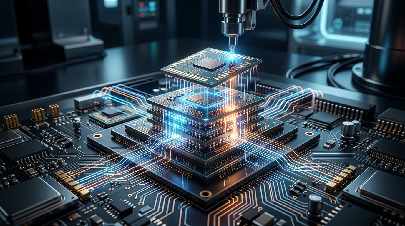 A close-up artistic rendering of advanced semiconductor chiplets being stacked and connected on a mo