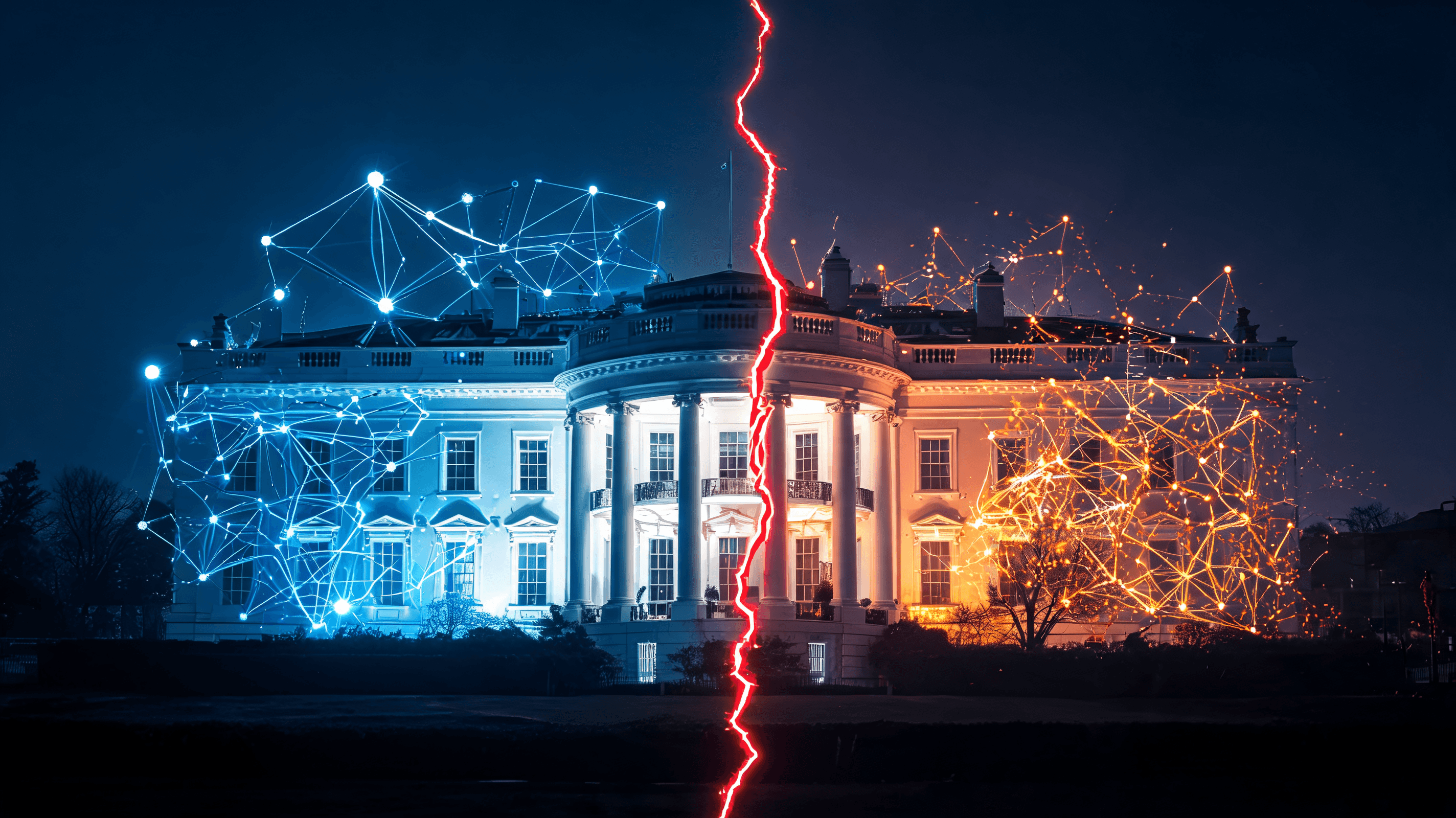 A modern, abstract digital depiction of the White House with glowing neon lines representing AI neur