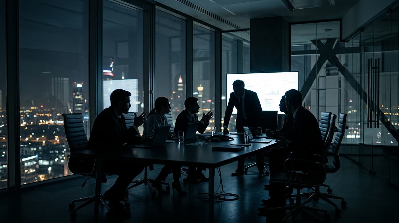 A dramatic office meeting room scene, abstract and dark, with silhouette figures around a table, rep
