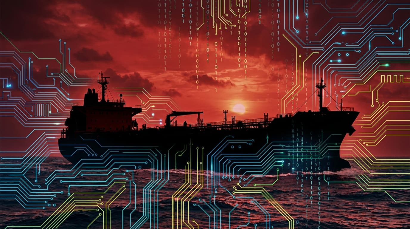 A dramatic composite image showing a dark silhouette of an oil tanker in the ocean under a red-tinge