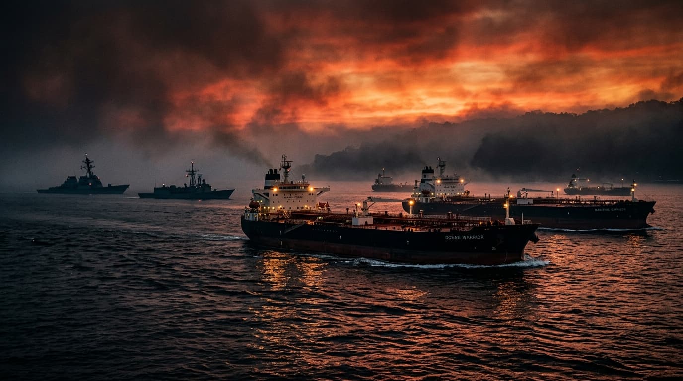 A dramatic scene of oil tankers navigating a dark, misty Persian Gulf, with silhouettes of naval war