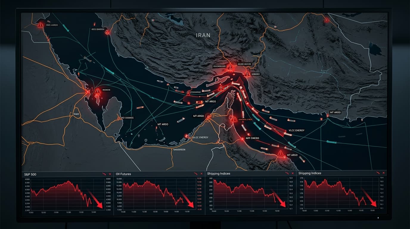 A tactical digital map overlay of the Strait of Hormuz, with ships and tankers, glowing red warning