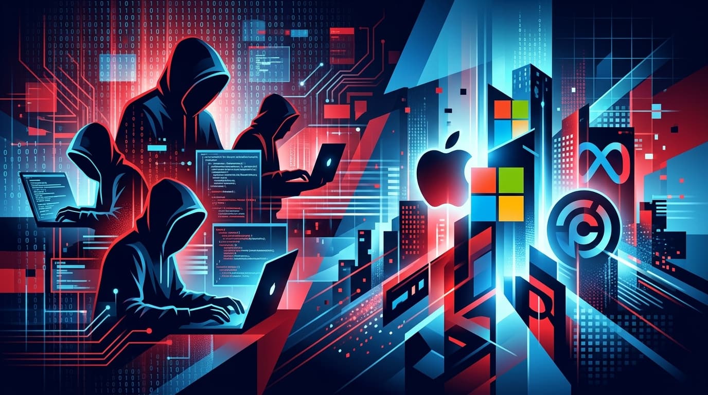 A dramatic digital collage showing stylized hacker silhouettes, binary code, and silhouettes of icon