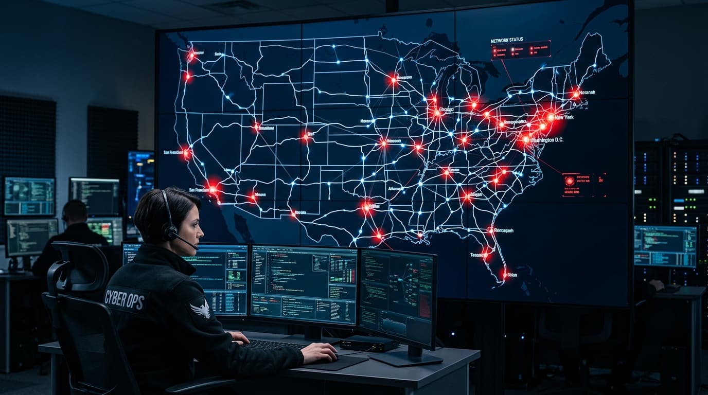 A tactical digital map overlay on a dark background showing network nodes across the US, with glowin