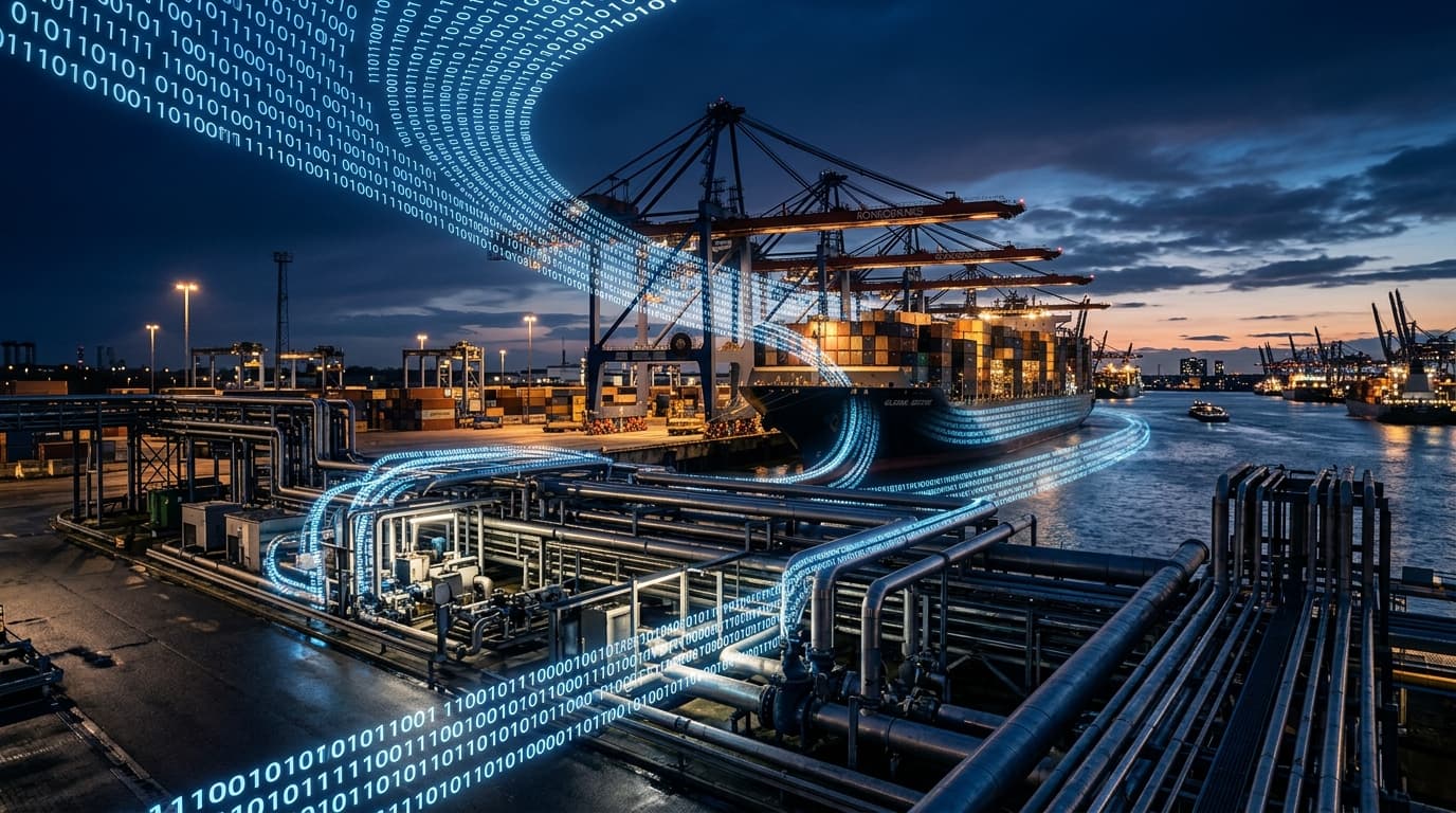 An artistic representation of digital binary code blending into maritime shipping channels and indus