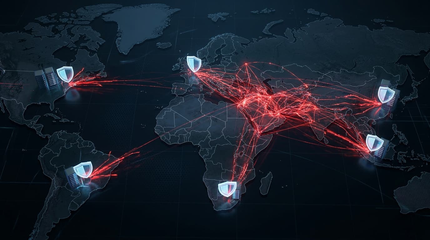 A digital map of the world with glowing red data connections in the Middle East, abstract shield ico