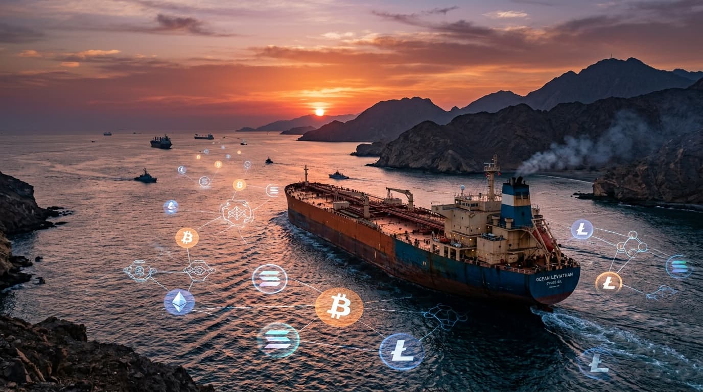 An oil tanker sailing through the narrow Strait of Hormuz at sunset, with abstract digital cryptocur