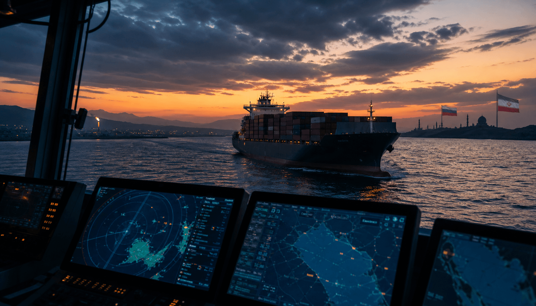 A dramatic view of a commercial container ship in the Caspian Sea at dusk, radar screens in the fore