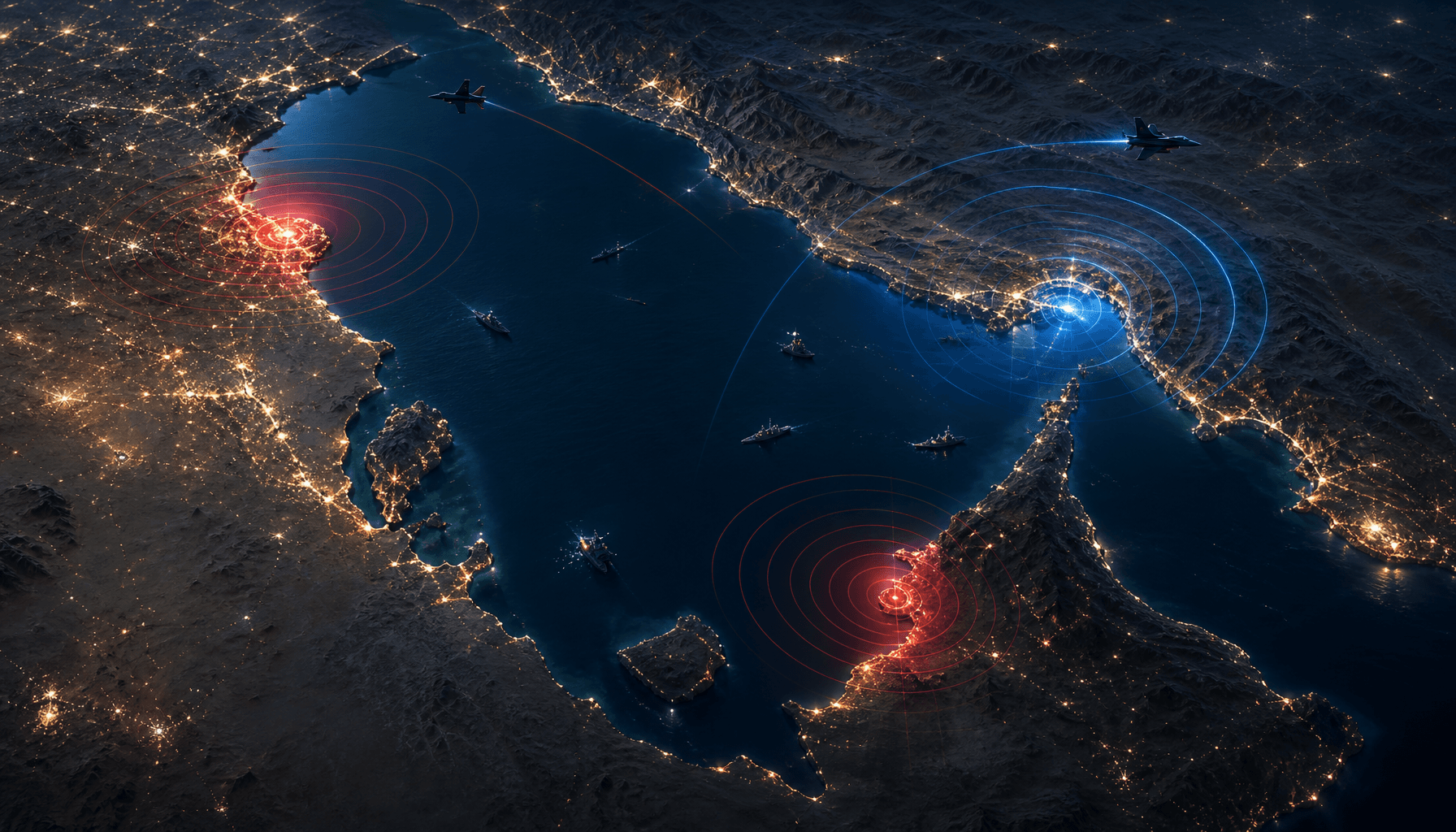 A dramatic satellite view of the Persian Gulf at night, with stylized red and blue radar pulses indi