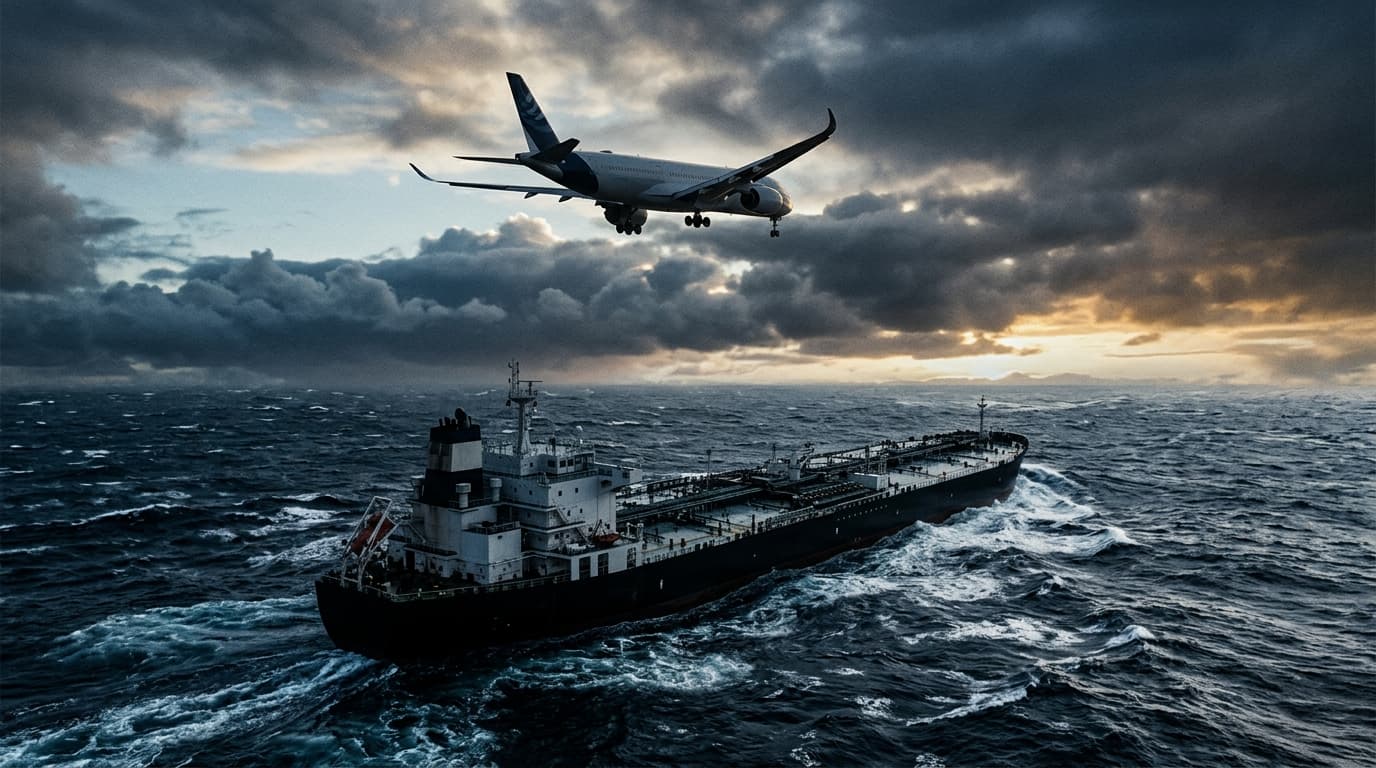 A modern passenger jet flying over a massive, dark oil tanker in a stormy sea, dramatic lighting, sy
