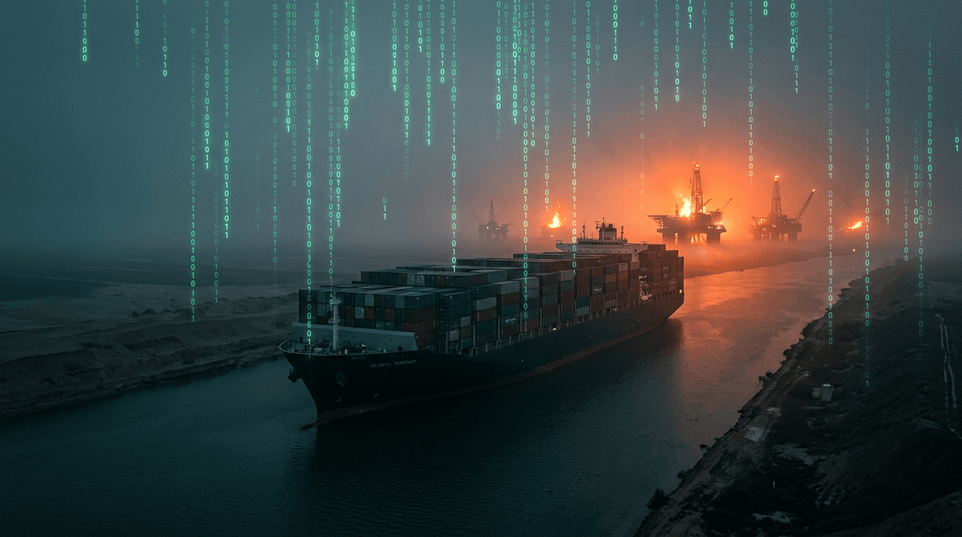 A massive container ship stranded in a dark, foggy canal with oil rigs burning in the distance, digi