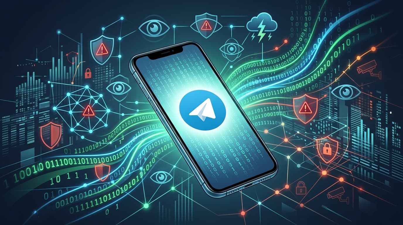 A digital illustration representing cyber threats, with a smartphone displaying the Telegram icon am