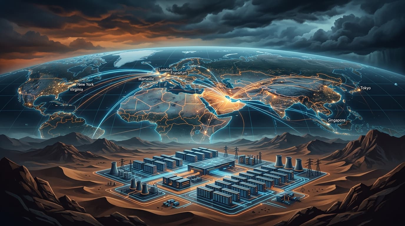 A digital map illustration showing connections between the Middle East and global data nodes, with a