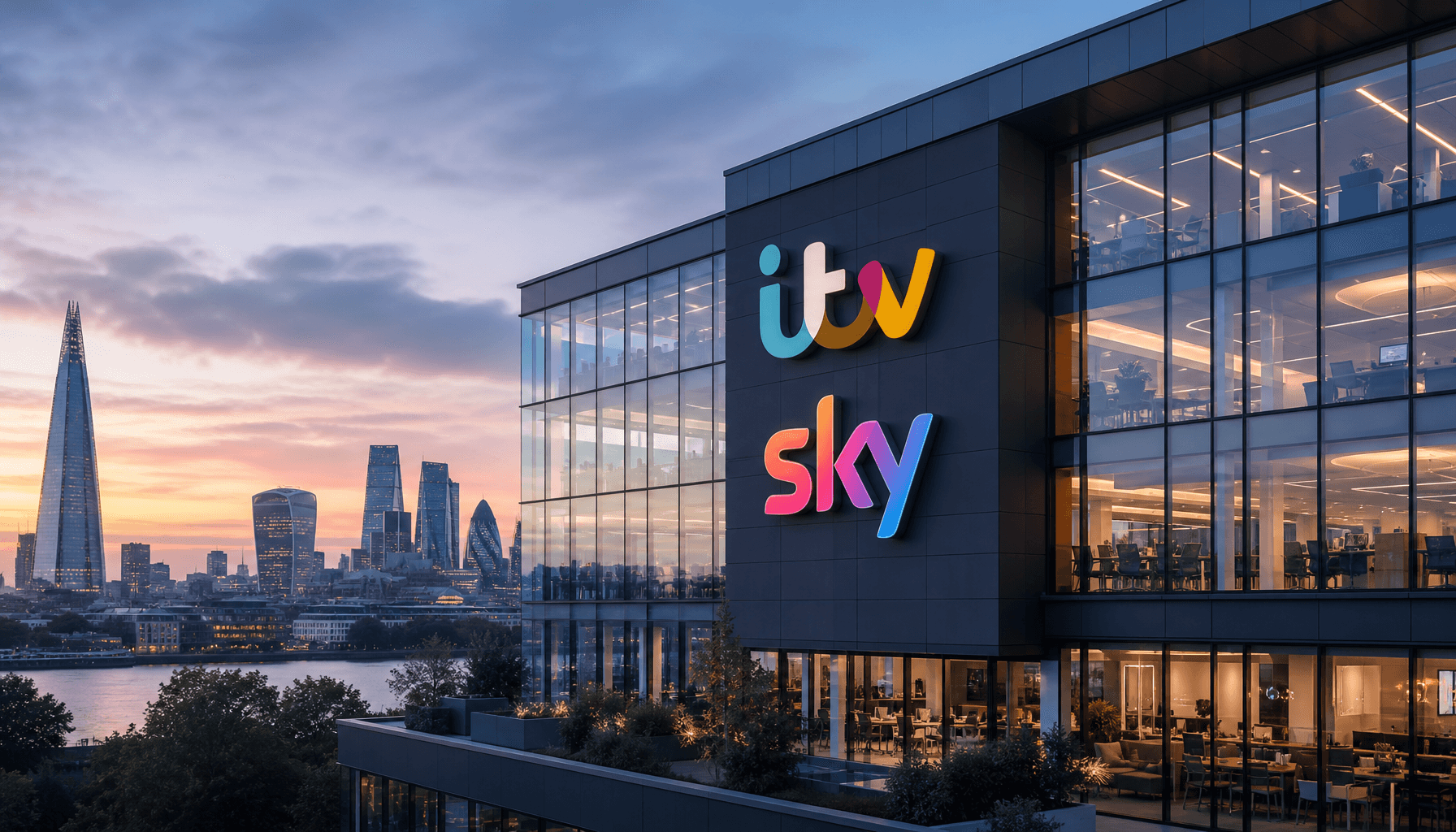 A modern media corporate office building with the logos of ITV and Sky integrated, set against the L