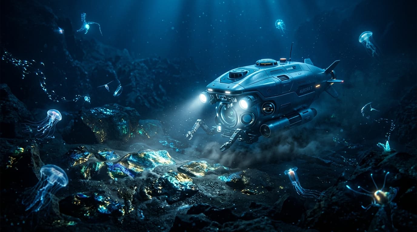 Futuristic deep-sea exploration vehicle with floodlights exploring the dark ocean floor, shimmering