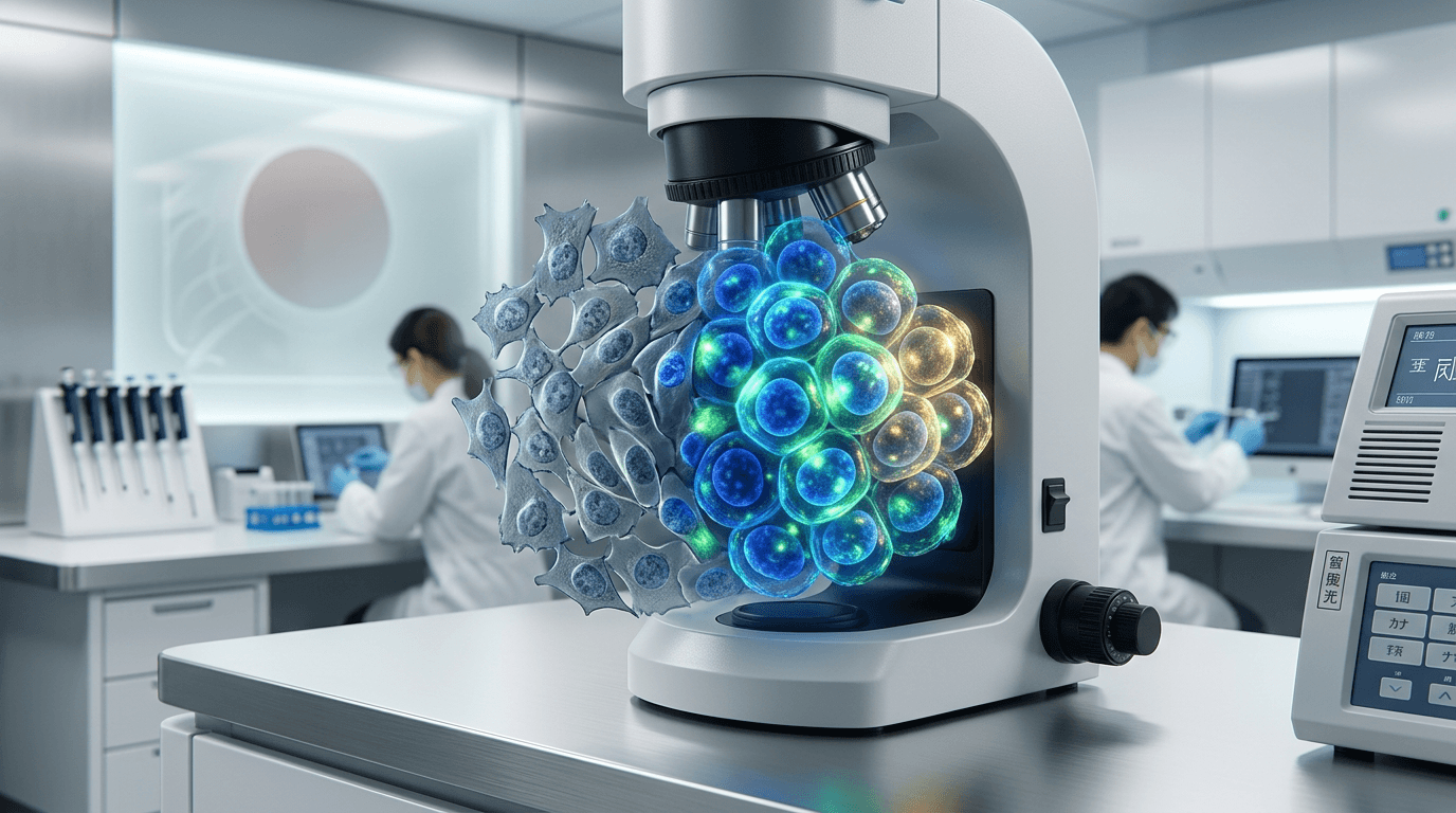 A microscopic visualization of human cells undergoing transformation into glowing, vibrant stem cell